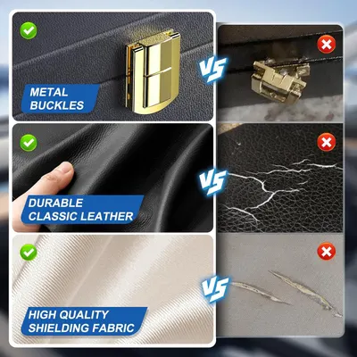 Demonstrates the product's superior quality through side-by-side comparisons with inferior alternatives, showing metal buckles vs. broken plastic, durable leather vs. cracked material, and…