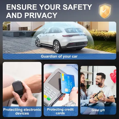 Demonstrates multiple use cases for the product, showing it protects cars, electronic devices, and credit cards, while also being suitable as a gift, highlighting its versatility.
