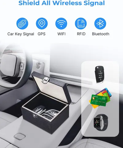 Shows the product blocks multiple wireless signal types (Car Key, GPS, WiFi, RFID, Bluetooth) and can protect various items like car keys, credit cards, and…