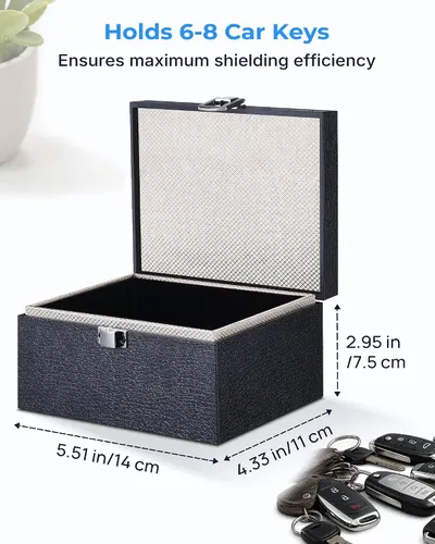 Shows the physical dimensions of the box and its capacity to hold 6-8 car keys, helping shoppers understand the product size and storage capability. Highlights the capacity metric of holding 6-8 car…