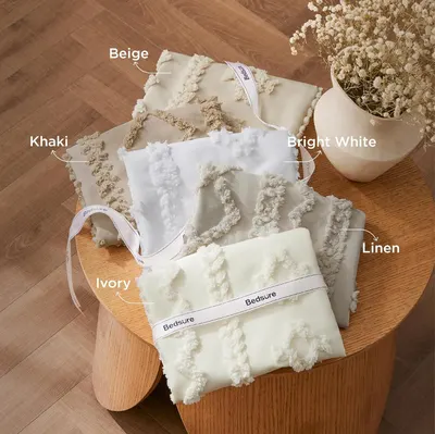 Displays the available color options (Beige, Khaki, Bright White, Linen, Ivory) to help shoppers choose the variant that best fits their decor preferences.