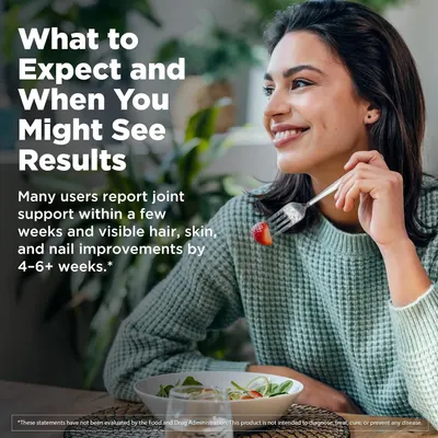 Communicates the expected timeline for results, reassuring shoppers that they can expect joint support within weeks and visible hair, skin, and nail…