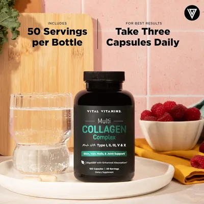 Provides clear usage instructions, informing shoppers that the bottle contains 50 servings and they should take three capsules daily for best results. Communicates the simplicity and convenience of…