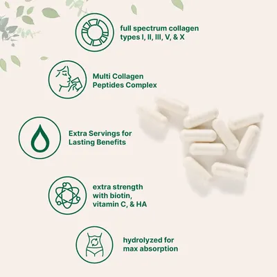Communicates multiple distinct benefits of the collagen supplement in a segmented icon-based layout, highlighting ingredient variety, enhanced formula, value,…