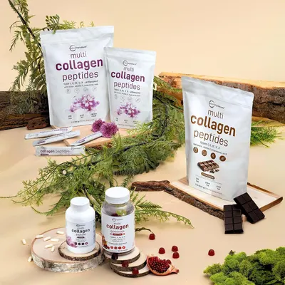 Showcases the brand's full product lineup including powder pouches, capsules, gummies, and stick packs to help shoppers understand the variety of formats available.
