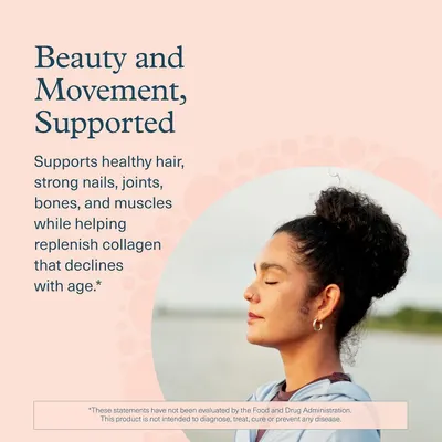 Showcases multiple beauty and wellness benefits supported by the collagen supplement to appeal to a broad range of health goals.