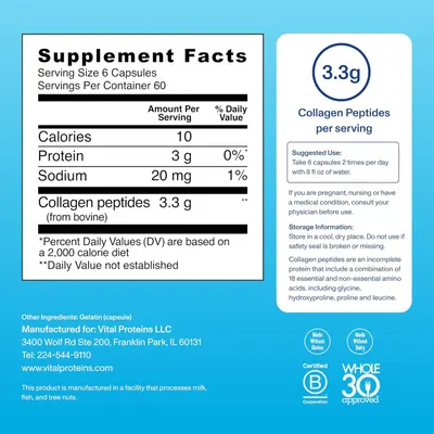 Highlights the specific dosage of collagen peptides per serving to communicate product potency and value to shoppers. Communicates the key nutritional benefit of the supplement with clear dosage…