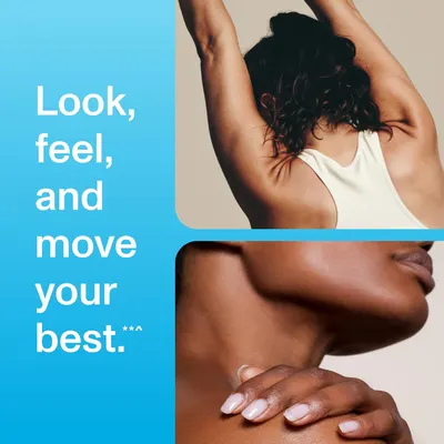 Communicates the holistic benefits of the product for appearance, feeling, and movement to inspire shoppers with an aspirational wellness message.