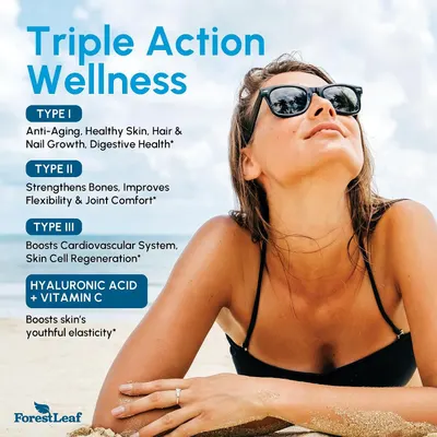 Explains the triple action wellness formula by breaking down the specific benefits of each collagen type and added ingredients for anti-aging, joint health, and cardiovascular support.