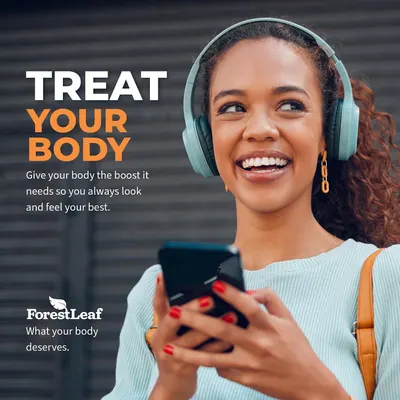Communicates the ForestLeaf brand ethos and emotional positioning with the tagline 'What your body deserves' to connect with shoppers seeking self-care and wellness.