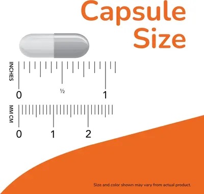 Shows the physical dimensions of the capsule using a ruler reference to help shoppers understand how large the pill is and ease of swallowing.