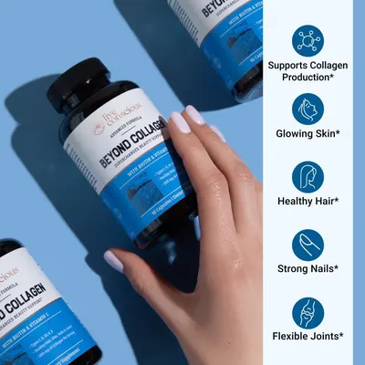 Highlights five distinct beauty and health benefits of the collagen supplement in a segmented icon layout to show comprehensive full-body support.