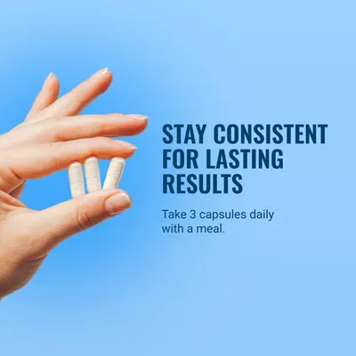 Instructs shoppers on proper usage (take 3 capsules daily with a meal) to ensure they achieve lasting results through consistent use. Emphasizes the…