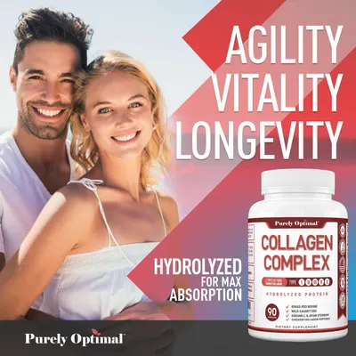 Communicates the overarching lifestyle benefits of the collagen supplement (agility, vitality, longevity) alongside the hydrolyzed absorption feature, positioning the product as a comprehensive…