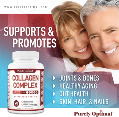 Highlights four distinct health benefit areas in a segmented list format to show shoppers the wide-ranging wellness support provided by the collagen complex supplement.