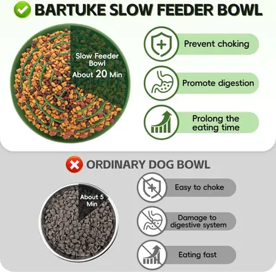 Demonstrates the superiority of the Bartuke slow feeder bowl over ordinary dog bowls by showing health benefits (prevents choking, promotes digestion, prolongs eating time) versus risks (choking,…