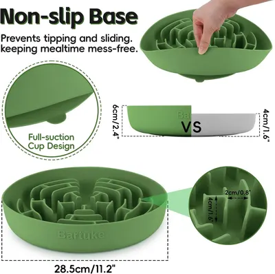 Highlights multiple product features in a segmented layout: the non-slip base that prevents tipping and sliding, the full-suction cup design, and the product dimensions to show size and stability.