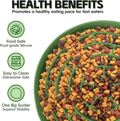 Showcases multiple health and convenience benefits in a segmented icon layout: food-grade silicone material, dishwasher-safe cleaning, and superior stability from the suction cup design.