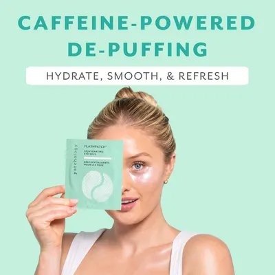 Highlights the product's caffeine-powered de-puffing benefit to communicate that it hydrates, smooths, and refreshes the under-eye area.