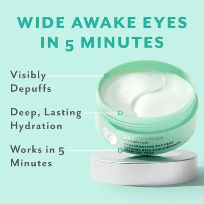 Showcases three distinct benefits of the product in a segmented layout to communicate fast-acting de-puffing and hydration.