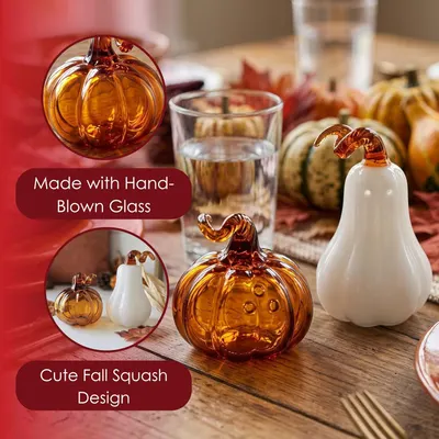 Highlights two distinct product features—the hand-blown glass craftsmanship and the cute fall squash design—to communicate quality and seasonal aesthetic…