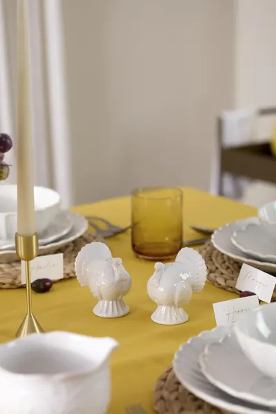 Positions the turkey shakers as seasonal Thanksgiving table decor by showing them styled on a festive dining table with place settings and name cards. Demonstrates the product in use within a…