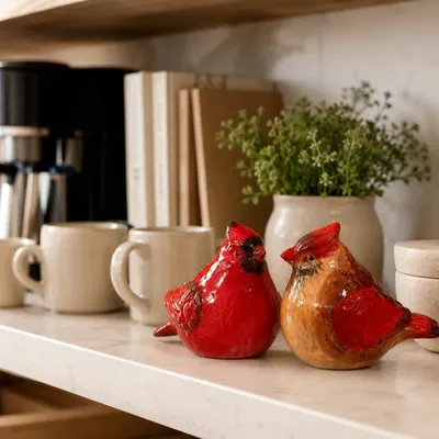 Displays the cardinal shakers styled on a kitchen shelf to demonstrate how they fit into everyday home decor.