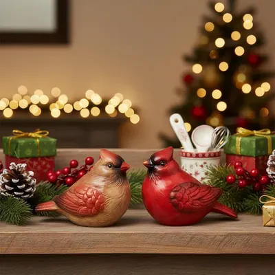 Positions the cardinal shakers as a festive holiday decoration and gift option with Christmas tree, wrapped gifts, and seasonal greenery.