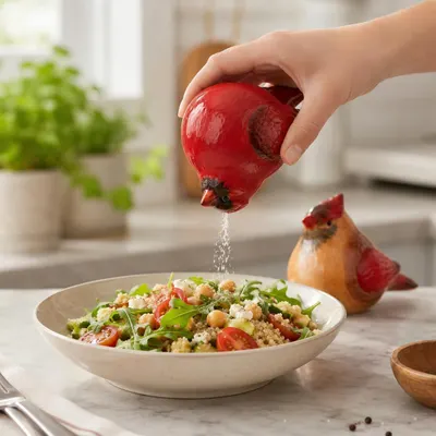 Demonstrates how to use the cardinal shaker by showing a hand dispensing seasoning over food, illustrating the product's practical functionality. Highlights the product's primary function as a…