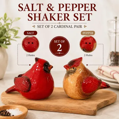 Clearly shows what is included in the purchase—a set of 2 cardinal shakers with salt and pepper functionality—so shoppers understand they receive both pieces.
