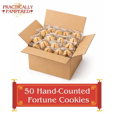 Highlights the quantity of 50 fortune cookies included in the package to communicate value and volume to the shopper. Emphasizes the generous quantity of 50…