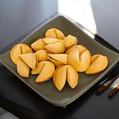 Displays the fortune cookies in an attractive serving dish to help shoppers visualize how the product can be presented at gatherings or meals.