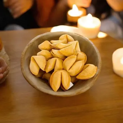 Shows the fortune cookies in a warm, candlelit setting to evoke a cozy, inviting atmosphere and suggest the product's suitability for special occasions.
