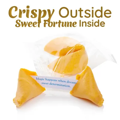 Showcases the product's dual appeal of crispy texture and the fun fortune message inside to communicate quality and entertainment value.
