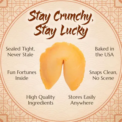 Highlights multiple product benefits in a segmented layout to communicate quality, freshness, convenience, and the fun fortune element.