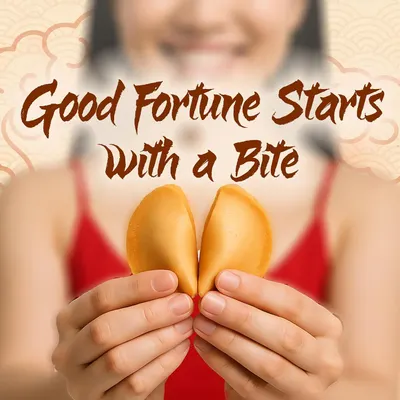 Shows the product in a real-world context with a person enjoying the fortune cookies, creating an emotional connection with shoppers.