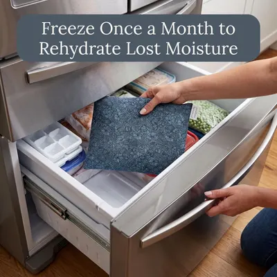 Explains the maintenance tip of freezing the pad monthly to restore moisture, helping shoppers understand how to keep the product effective over time.