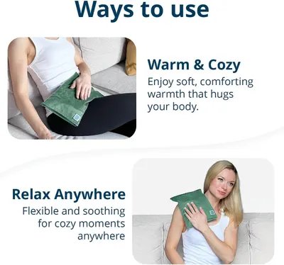 Demonstrates two distinct use scenarios for the heating pad—warming the body while sitting and relaxing anywhere—to communicate versatility and comfort.