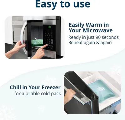 Explains how to use the product by warming it in the microwave or chilling it in the freezer, demonstrating ease of use and versatility.