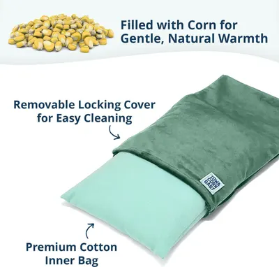 Breaks down the product's physical components—corn filling for natural warmth, removable locking cover for easy cleaning, and premium cotton inner bag—to communicate construction quality and ease of…