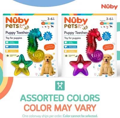 Shows the two available colorways of the puppy teether product to help shoppers understand the product line options and that color cannot be selected.