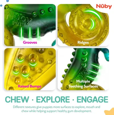 Breaks down the physical components and textures of the teether toy, showing the different surface types that provide varied teething experiences for puppies. Demonstrates how the different textures…