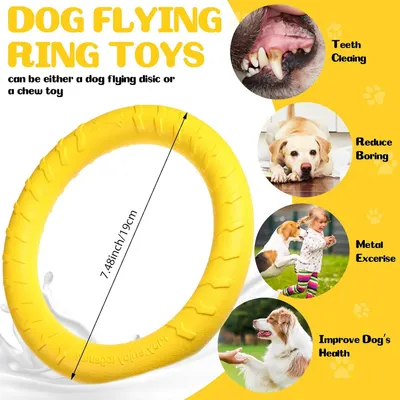 Showcases multiple benefits of the dog flying ring toy in a segmented layout, highlighting its versatility as both a flying disc and chew toy, along with health and entertainment benefits for dogs.