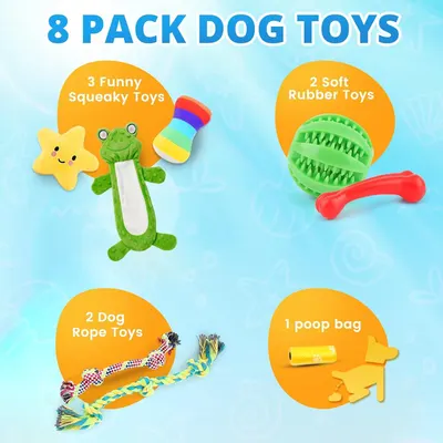 Shows everything included in the 8-pack dog toy bundle, helping shoppers understand the variety and value of the kit.
