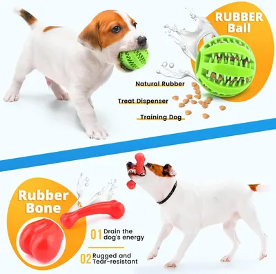 Displays multiple benefits of the rubber ball and bone toys in a split-panel layout, highlighting material quality, treat dispensing, training use, energy release, and durability.