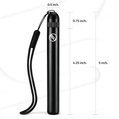 Displays the exact physical measurements of the product (5 inch height, 0.75 inch width, 0.5 inch diameter) to help shoppers understand its compact, portable size.