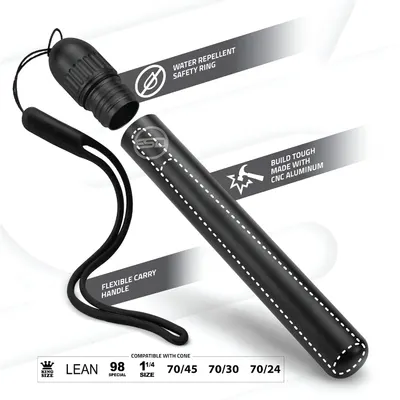 Highlights multiple distinct product features in a segmented layout: water repellent safety ring, tough CNC aluminum build, flexible carry handle, and…