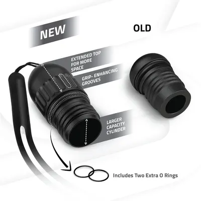 Compares the new improved version with the old version, highlighting upgrades like extended top for more space, grip-enhancing grooves, larger capacity cylinder, and inclusion of extra O rings.