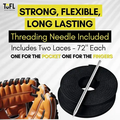 Shows what is included in the package: two laces and a threading needle, reassuring customers they have everything needed to relace their glove. Highlights three key product benefits (strength,…
