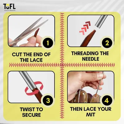 Provides a clear 4-step visual guide showing customers exactly how to use the threading needle and laces to relace their baseball glove.